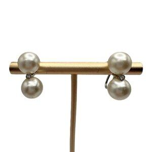 Vintage Double Pearl Costume Earrings Silver Clip On Statement